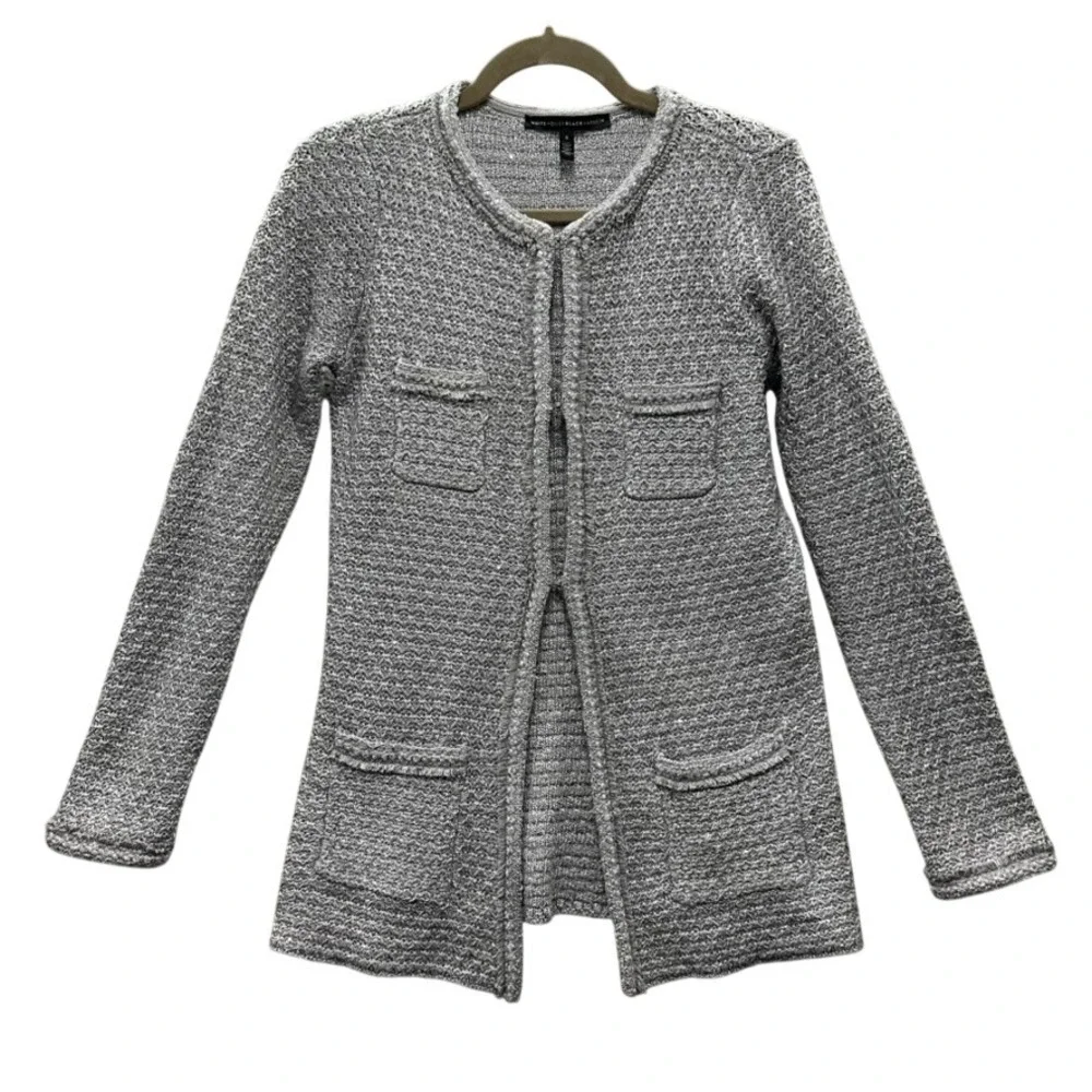 White House Black Market Women's Small Silver Metallic Fringe Knit Cardigan EUC